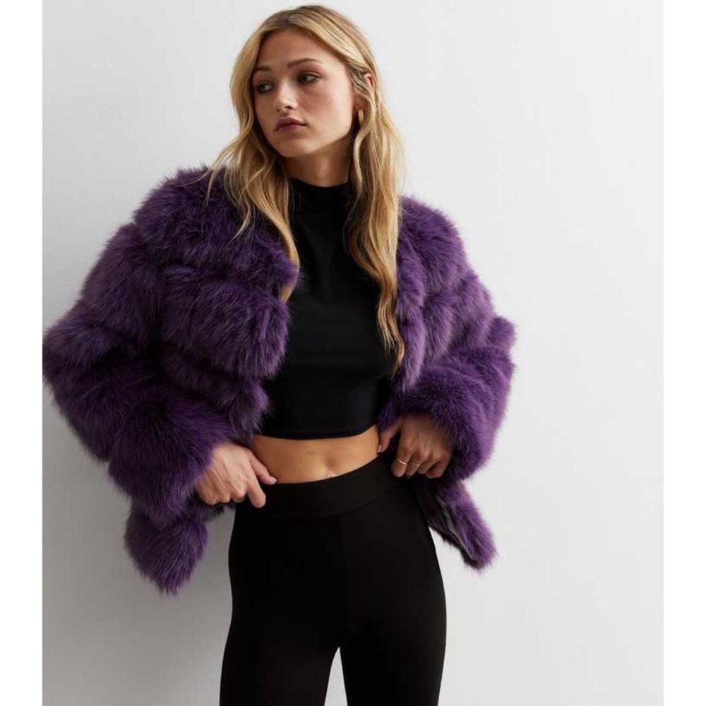 Gini London Purple Faux Fur Coat M/L Cropped Jacket Plush Tiered Lined - Picture 4 of 11